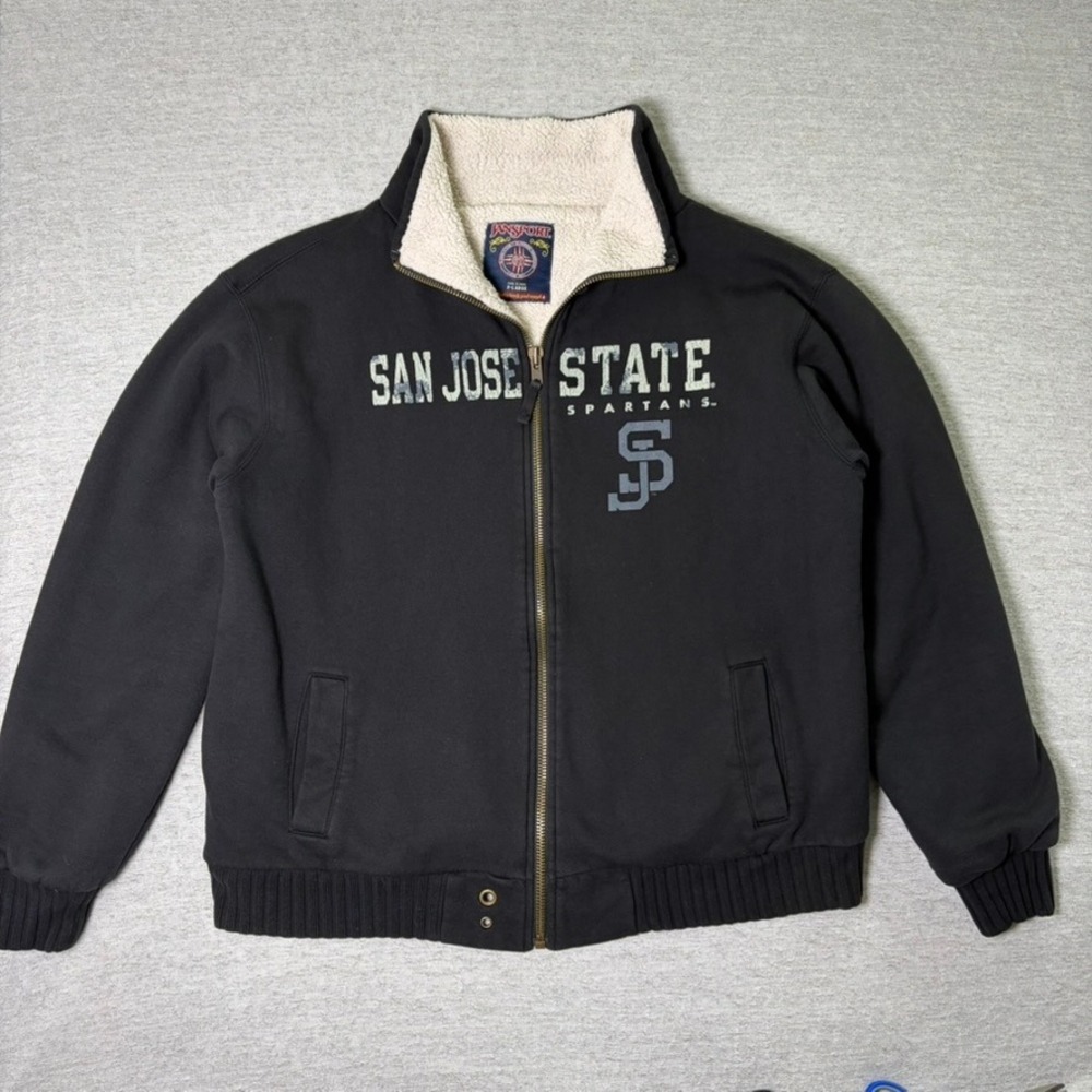 Jansport Men's Full Zip Jacket XL Black Y2K San Jose State Spartans Sherpa Lined